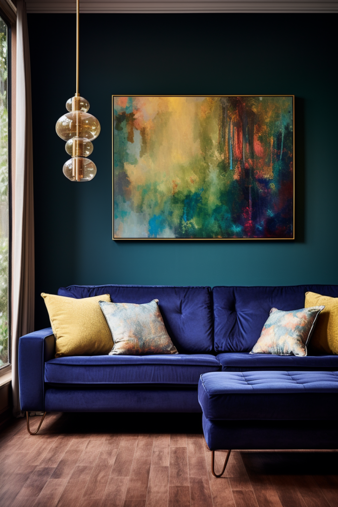 A living room with a blue couch and a colorful painting in a narrow living dining room.