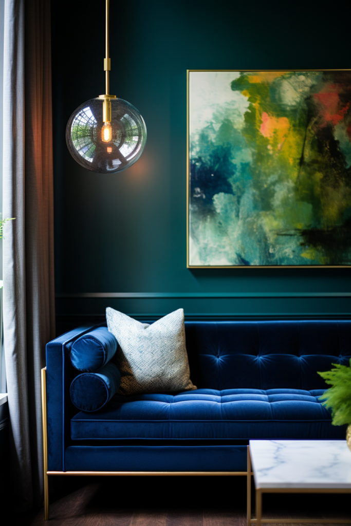 A long and narrow living room with a blue velvet sofa.