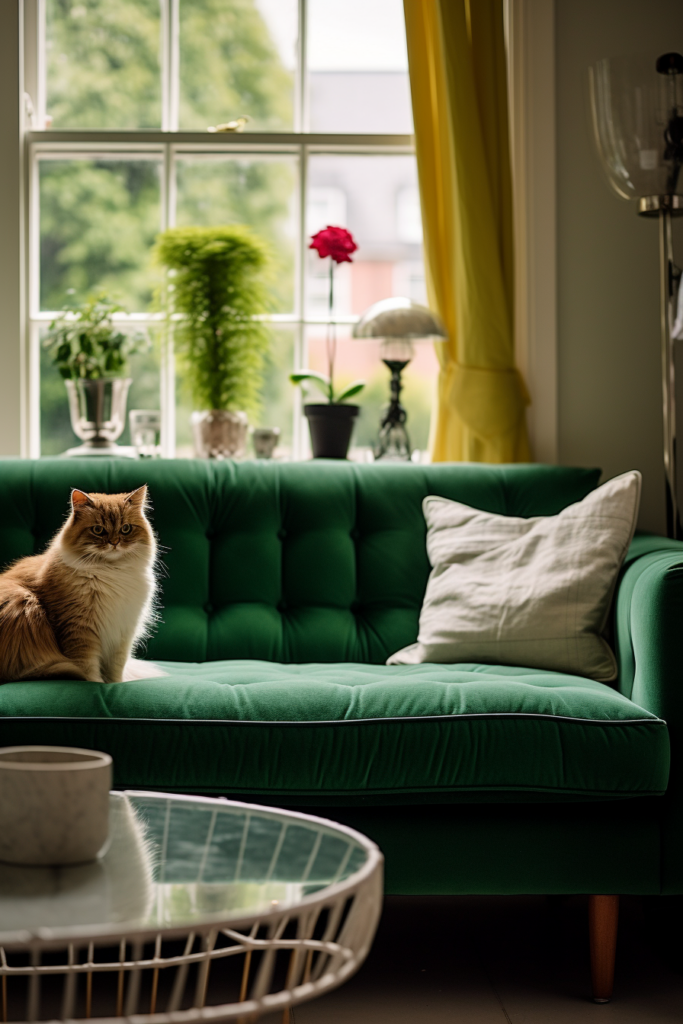 A cat sitting on a green couch in a long and narrow living room.