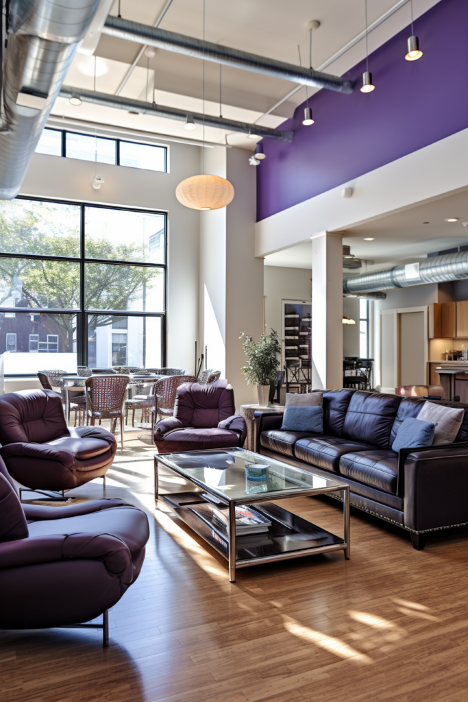 A long and narrow living room with purple walls and leather furniture.