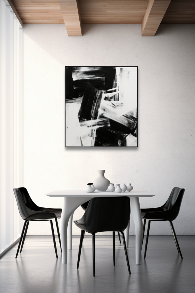 A black and white abstract painting hangs above a long and narrow dining room table.