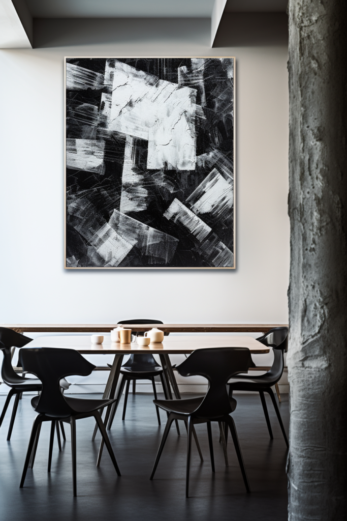A black and white abstract painting hangs above a dining room table in a narrow living dining room.