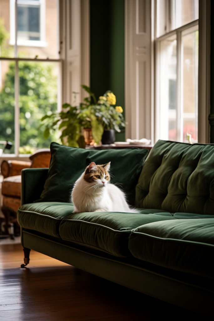 A cat is sitting on a green couch in a spacious living room.