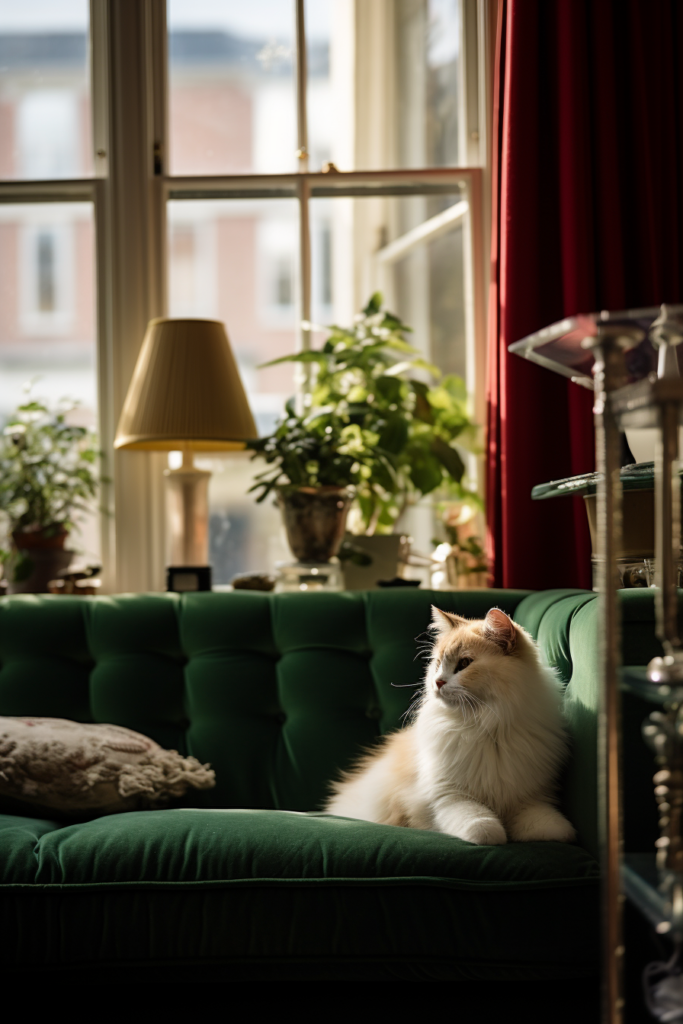 A cat sitting on a green couch in a living room in front of a window.