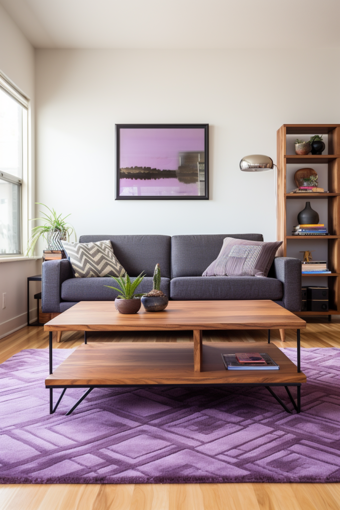 A living room with a purple rug and a coffee table in a narrow living space