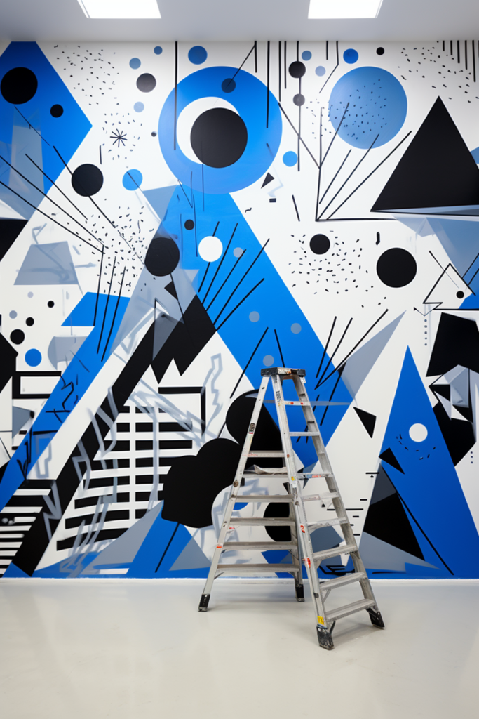 A statement wall mural with bold visuals and oversized art featuring a blue and black ladder.
