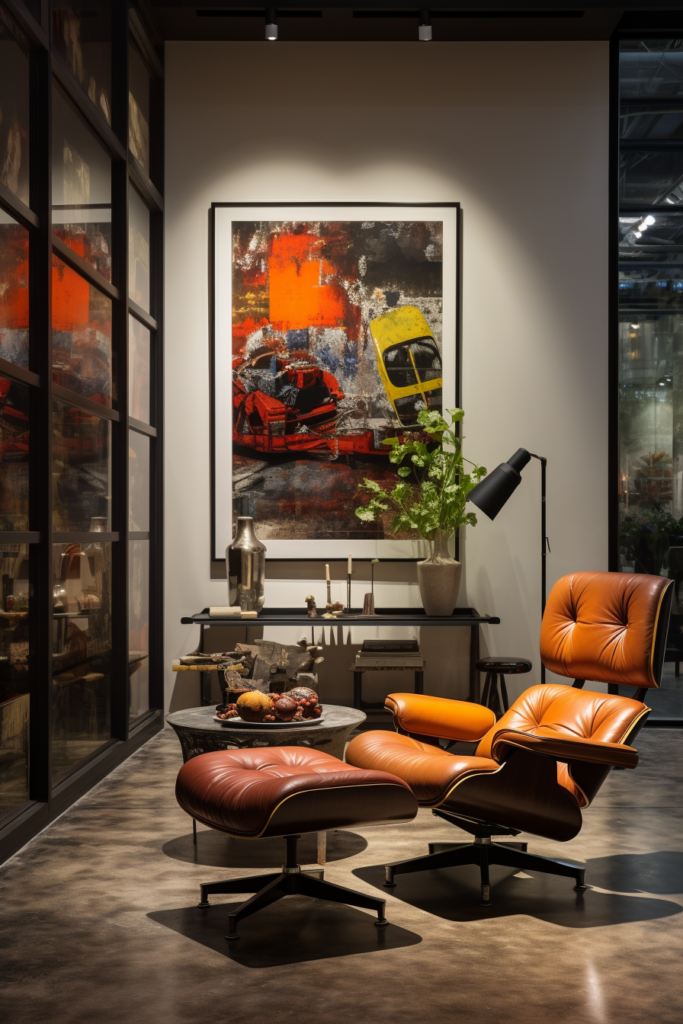 The Eames lounge chair is beautifully showcased in a living room decorated with bold visuals and an oversized art piece.