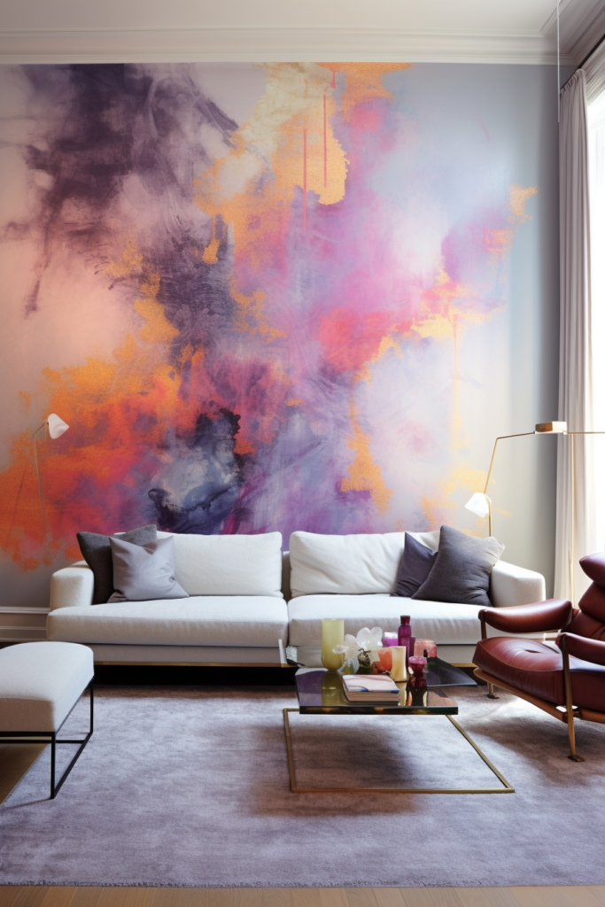 A living room with an oversized art on the wall.