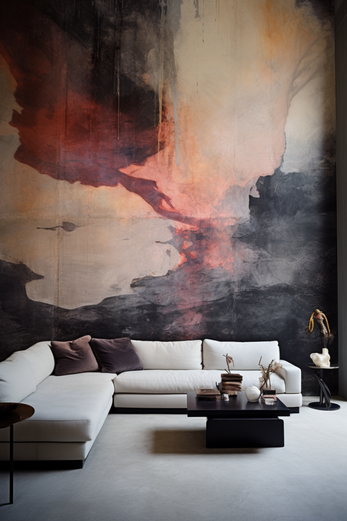 A living room with an oversized art piece on the wall.