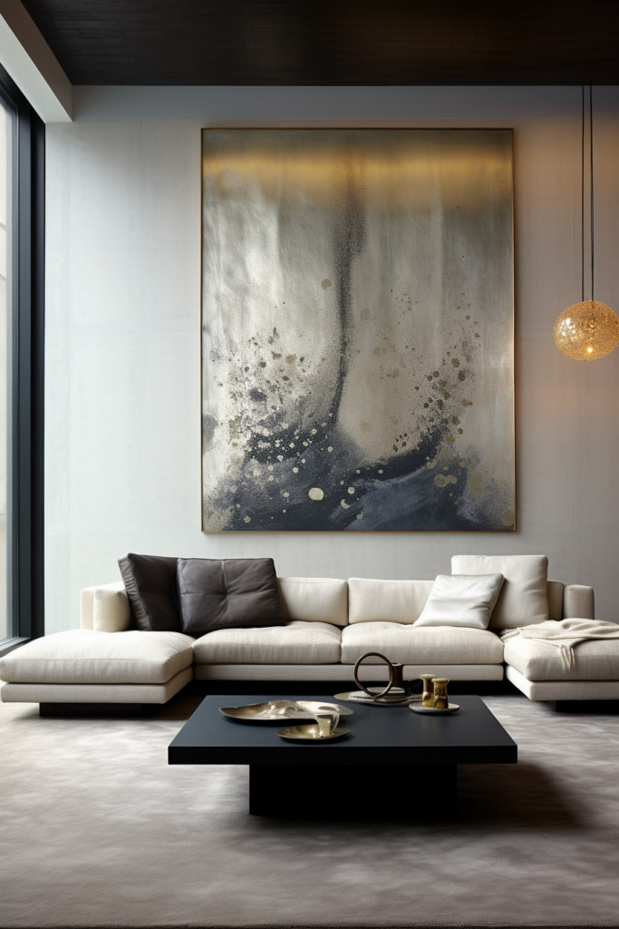 A modern living room with a large painting on the wall, featuring a bold visual.