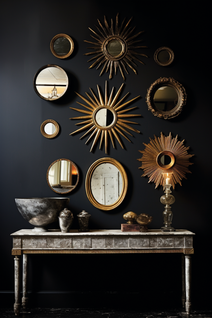 A statement wall adorned with oversized mirrors, transforming the space into a captivating display of reflective art.