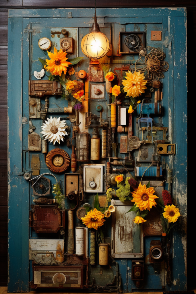 An oversized statement wall mural featuring a blue door adorned with flowers and other objects, creating bold visuals.