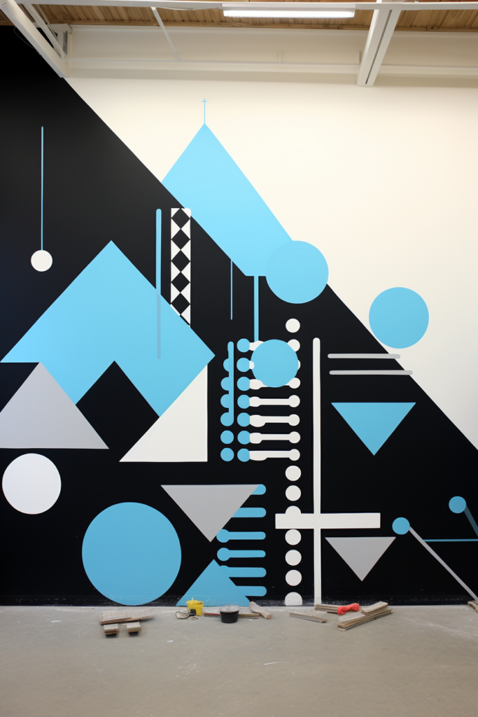 A statement wall with bold visuals featuring oversized geometric shapes painted in blue and black.