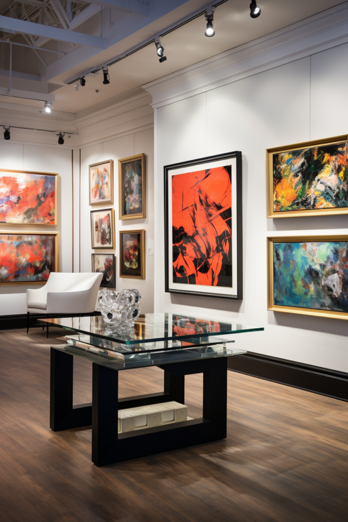 An art gallery showcasing an oversized glass table adorned with bold visuals.