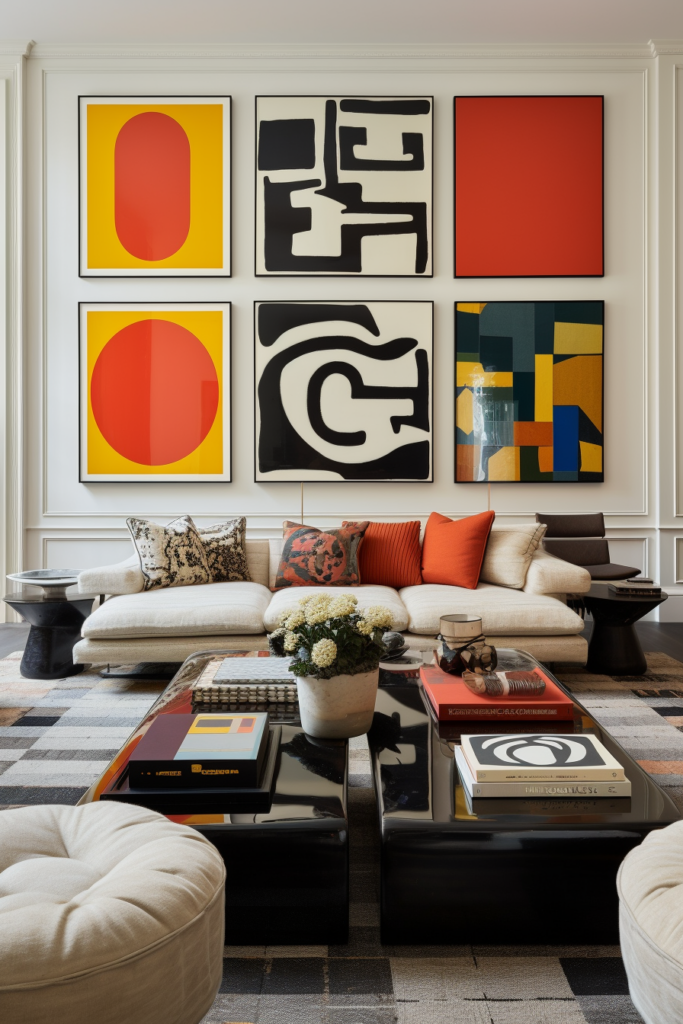 A living room with a statement wall adorned by oversized art.
