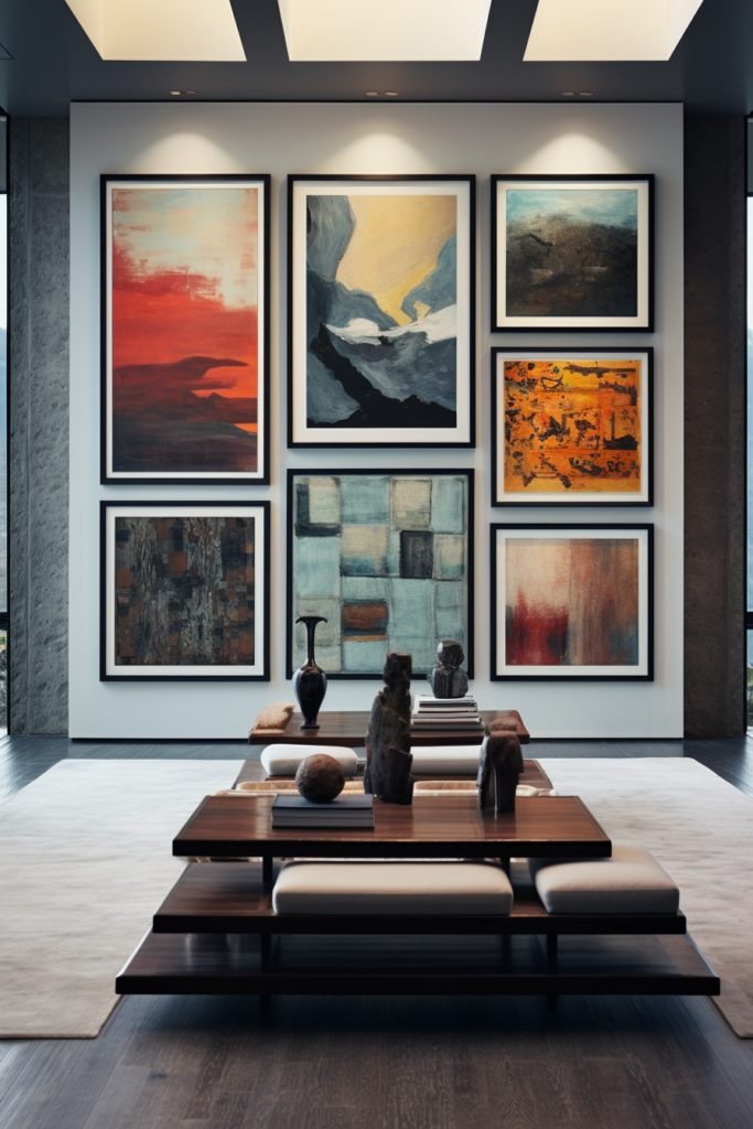 A living room adorned with oversized art, including statement wall murals that completely transform the space.