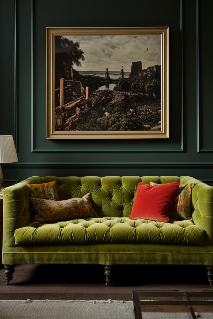 A living room with an oversized art piece hanging above a green couch.