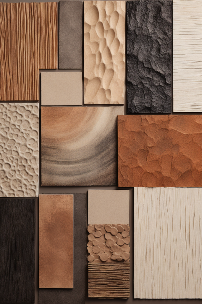 An assortment of textured wall treatments in a range of colors creates visual interest against a white background.
