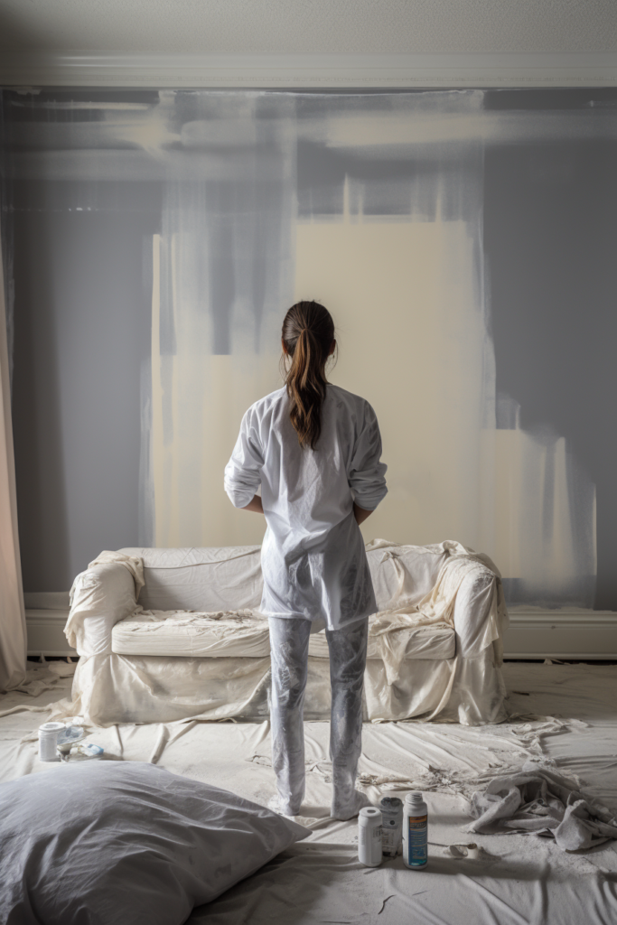 A woman standing in front of a visually interesting painting room with textured wall treatments.