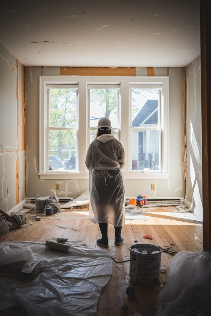 A person standing in a room undergoing textured wall treatments to create visual interest during the remodeling process.