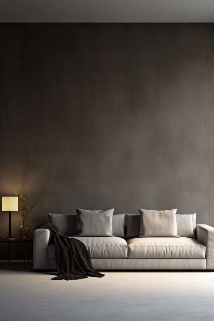 An empty room with textured wall treatments, a couch, and a lamp creating visual interest.