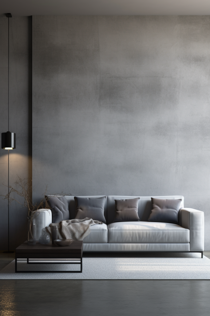 A modern living room with textured grey walls and a grey couch.