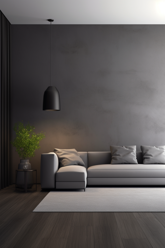 A living room with a gray wall and a textured grey couch.