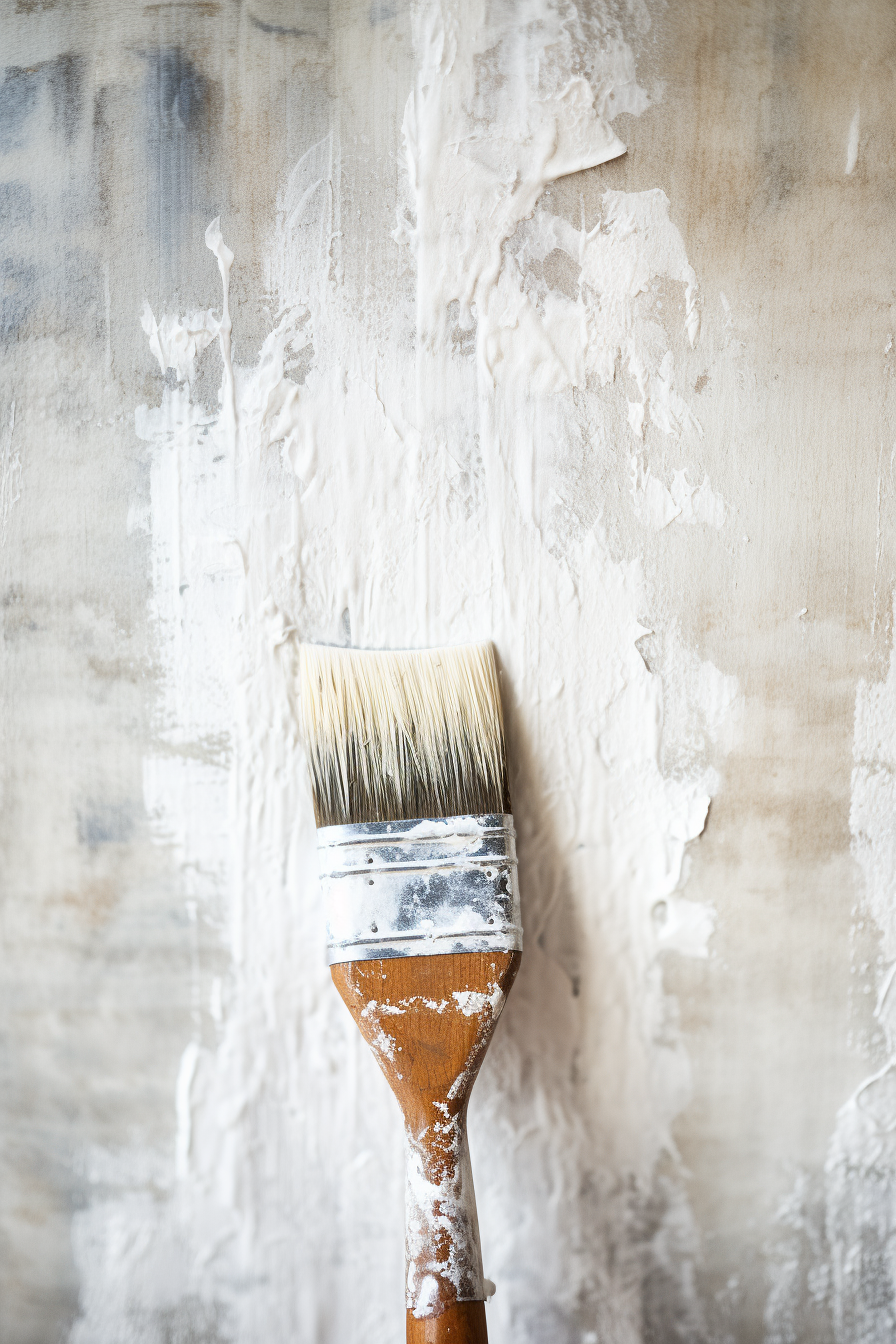 An artfully textured wall with a paint brush creating visual interest through a white paint application.