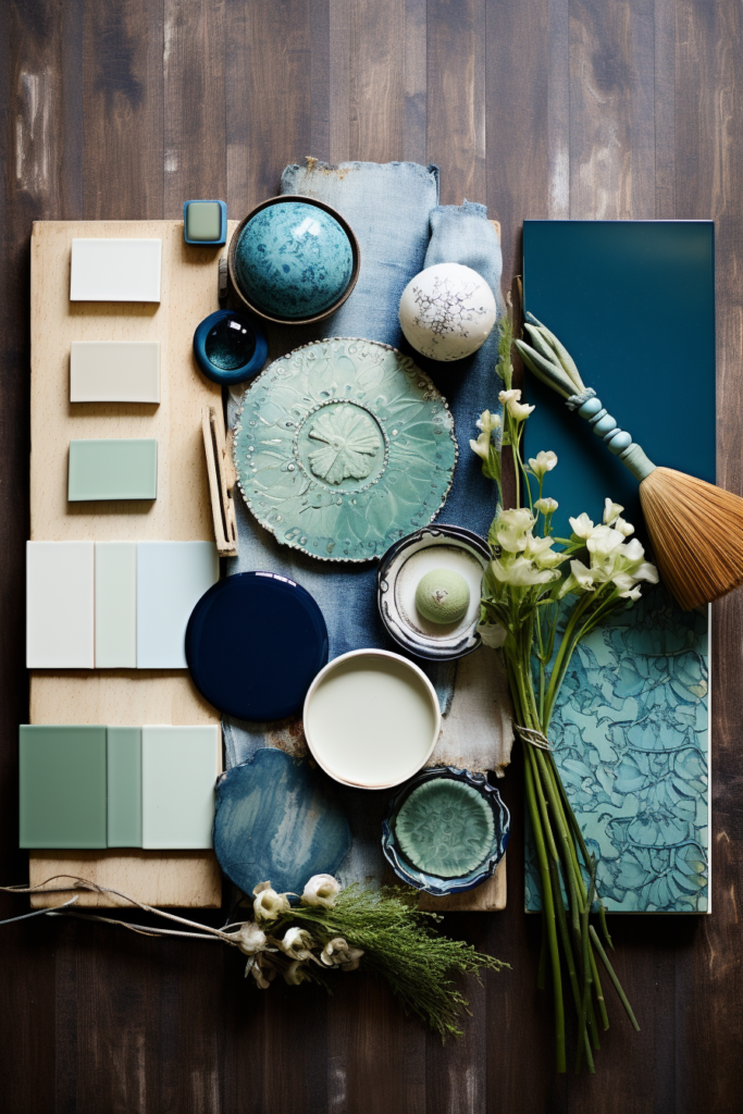 A visually interesting blue and green color palette on a wooden table with textured wall treatments.