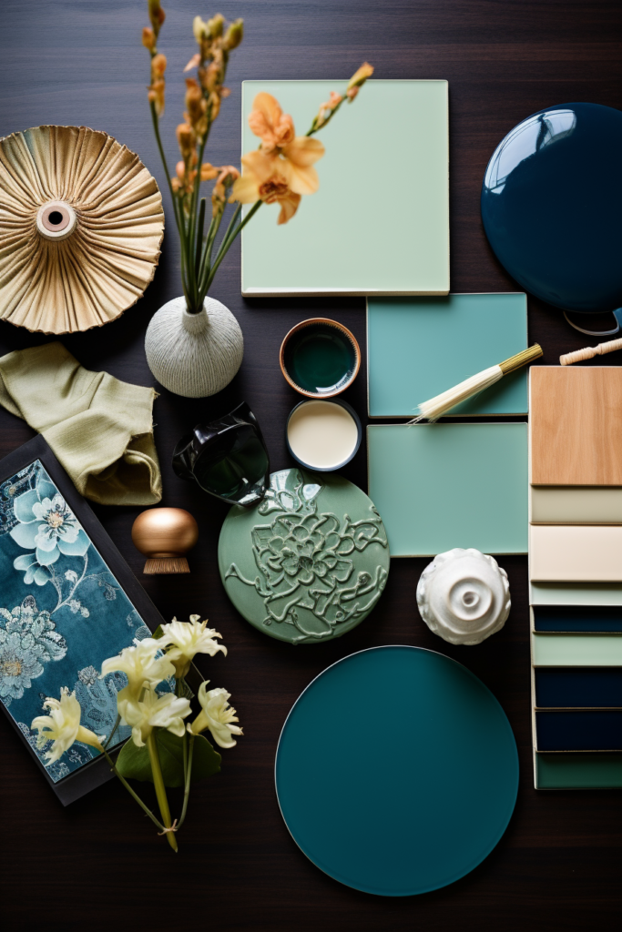 A visually interesting collection of blue and green paints and accessories on a table, perfect for textured wall treatments.