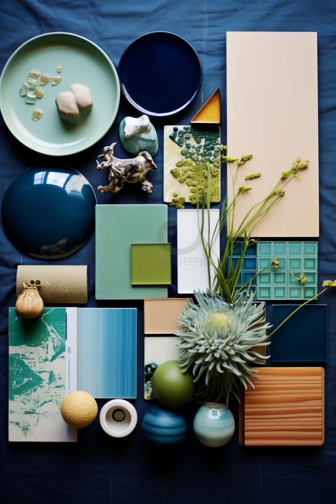 A visually interesting collection of blue and green items on a table.