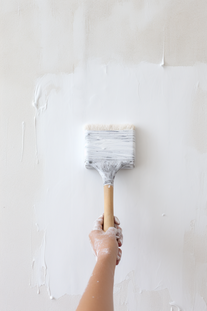 A person creating visual interest by painting a wall with a textured paint brush.