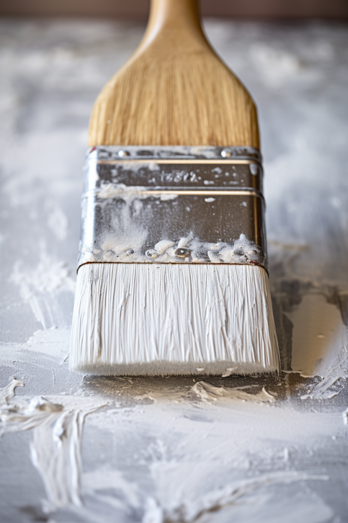 A textured paint brush with white paint on it, creating visual interest for wall treatments.