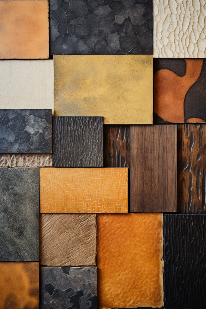 Various textured leathers in different colors create a visually interesting wall treatment.