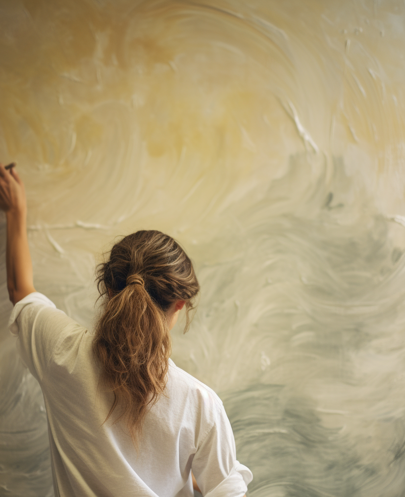 A woman creating visually interesting textured wall treatments through painting.