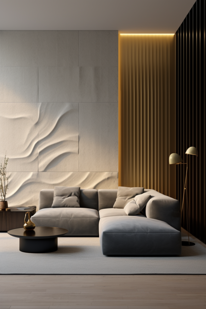 3d rendering of a modern living room featuring textured wall treatments for enhanced visual interest.