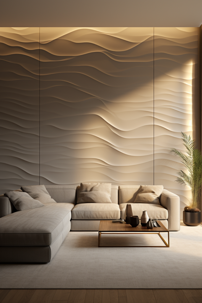 A modern living room with a visually interesting wavy wall.