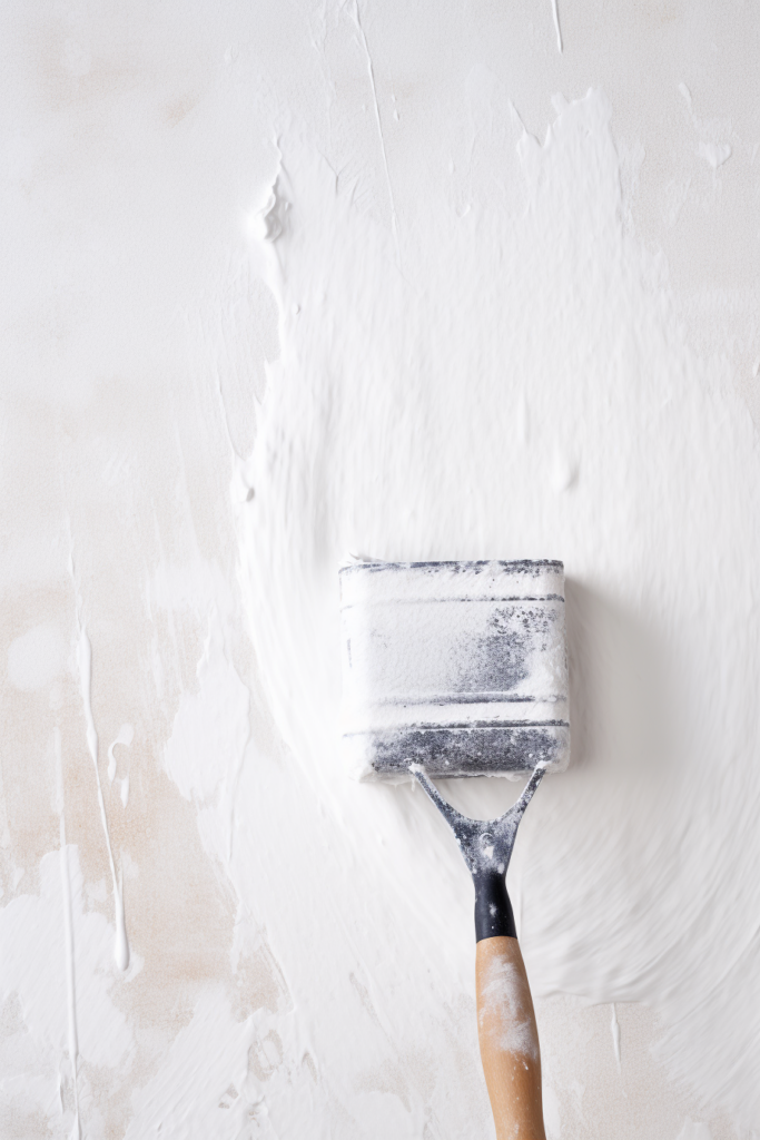 A person is painting a textured white wall, creating visual interest with a paint brush.
