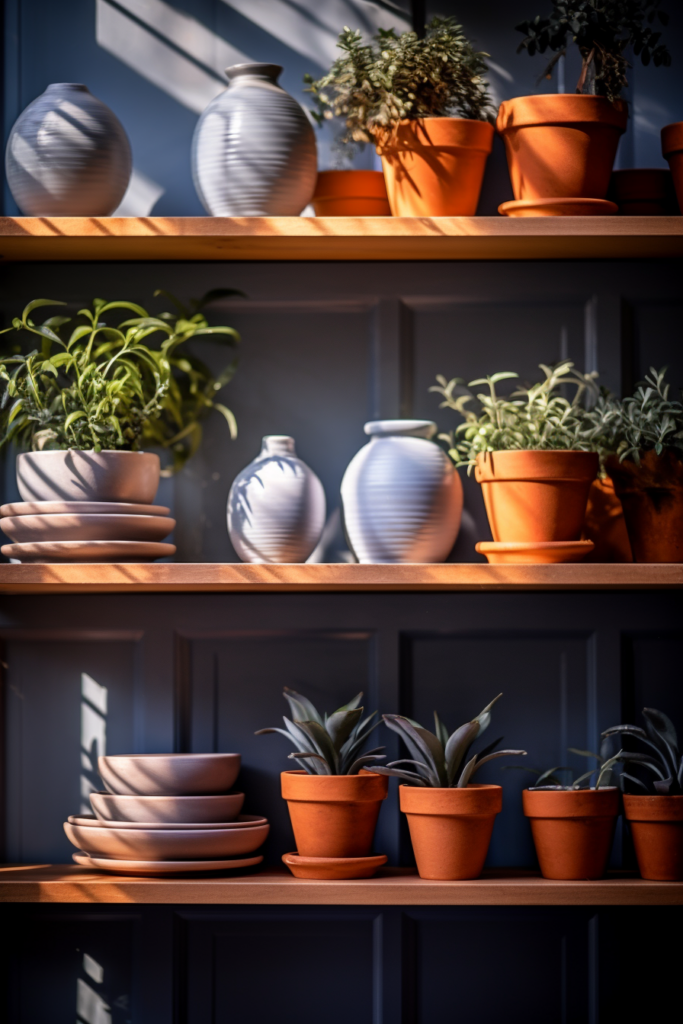 A shelf filled with a variety of potted plants and pots that showcase the harmonious combination of three colors that beautifully go together.