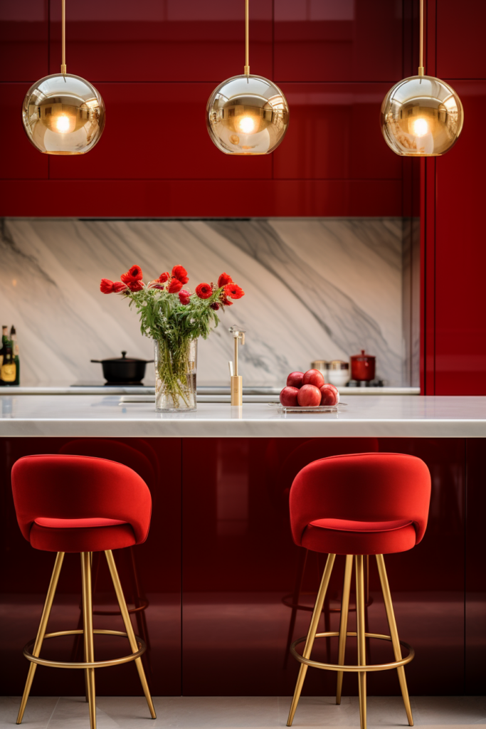 A kitchen with red cabinets and harmonizing red stools.