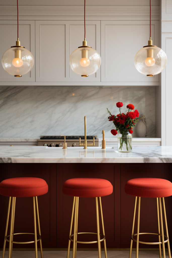 A kitchen with red stools and a marble counter top designed to harmonize with a triadic color scheme of three colors.