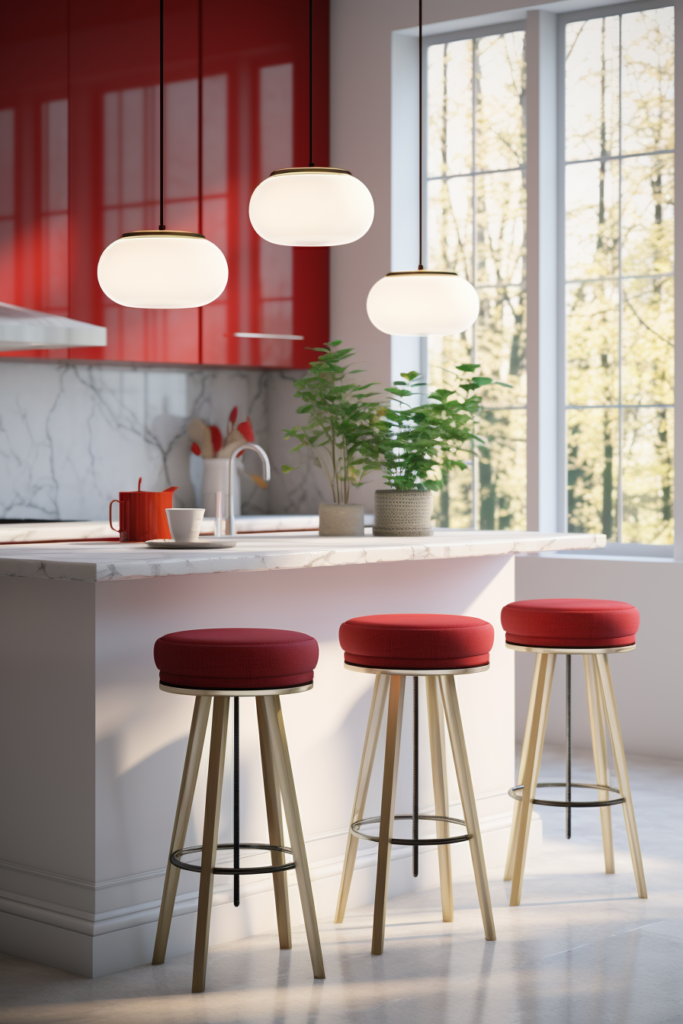 3D rendering of a kitchen with red cabinets and stools, showcasing a triadic color scheme.