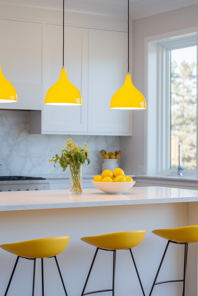 A white kitchen with yellow stools that harmonize using a triadic color scheme.