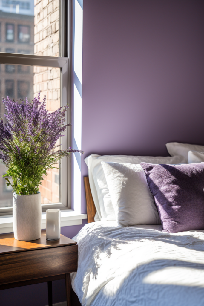 A bedroom with purple walls and lavender pillows, creating a harmonious blend of triadic colors.