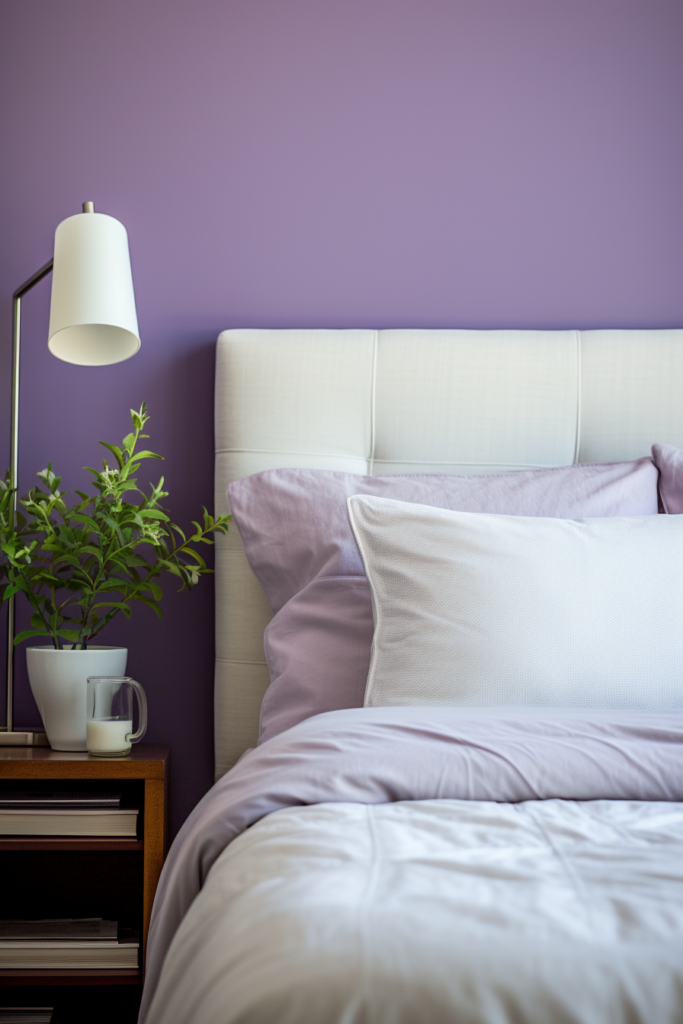 A bedroom with *harmonized* purple walls and a white bed.