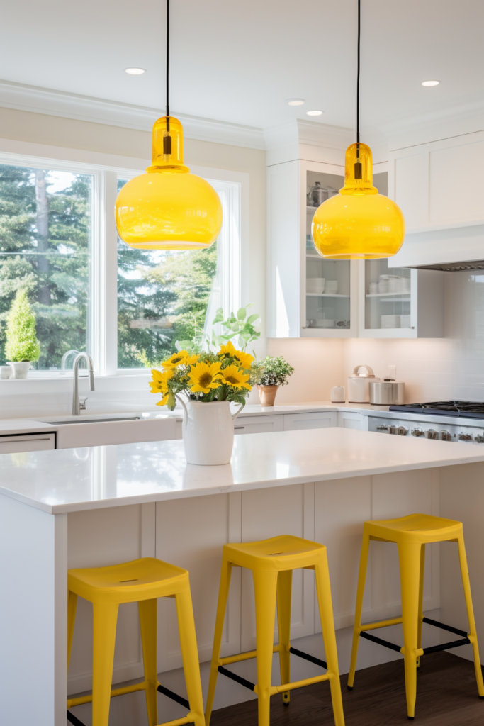 A white kitchen with triadic colors and yellow stools to harmonize the space.
