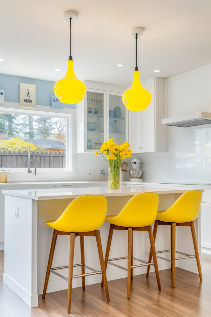 A white kitchen with yellow chairs that harmonizes using a triadic color scheme.