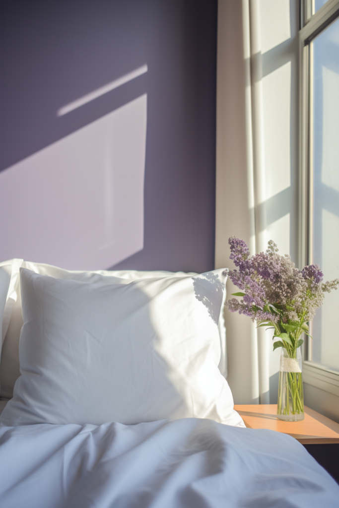 A bed with white sheets and a vase of purple flowers that harmonize in a triadic color scheme.
