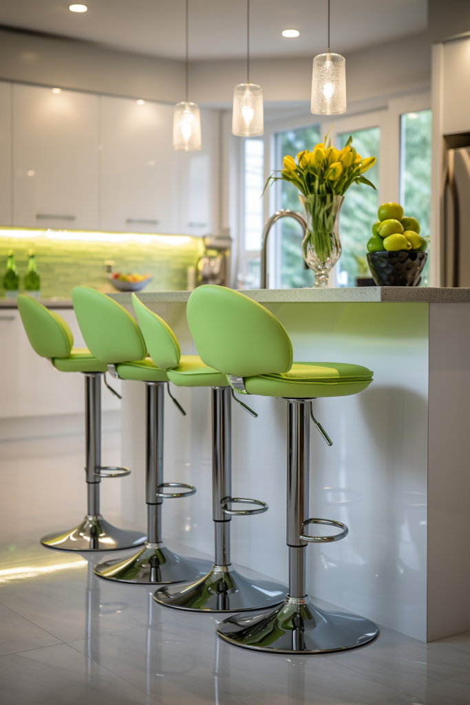 A harmonizing kitchen with triadic color schemes featuring white cabinets and vibrant green bar stools.