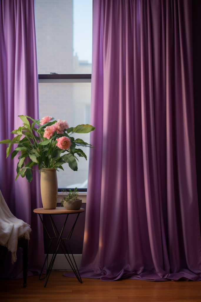 Vibrant purple curtains harmonize with the colors of a triadic color scheme in front of a window.